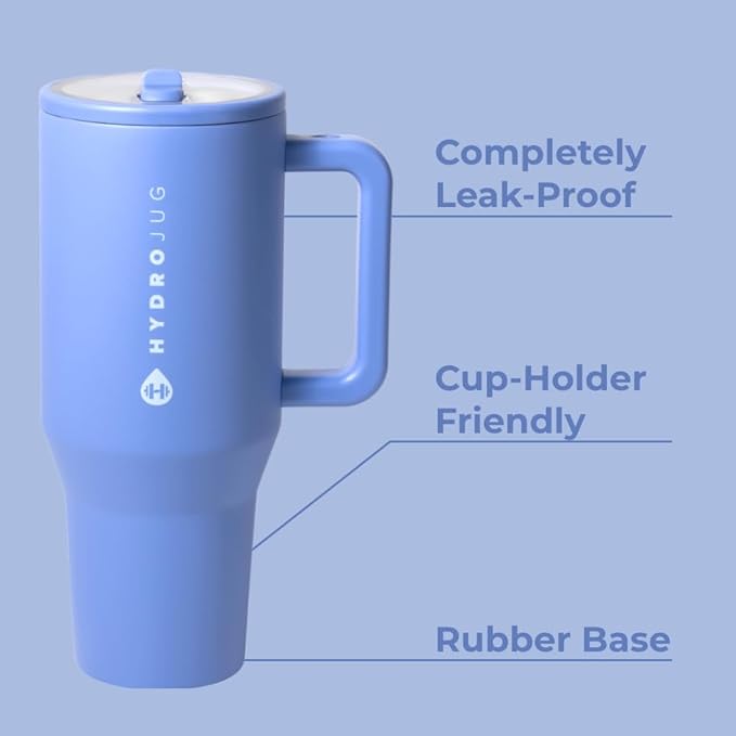 HydroJug Traveler - 32 oz Water Bottle with Handle & Flip Straw - Fits in Cup Holder, Leak Resistant Tumbler-Reusable Insulated Stainless Steel & Rubber Base - Gifts for Women & Men, Light Blue