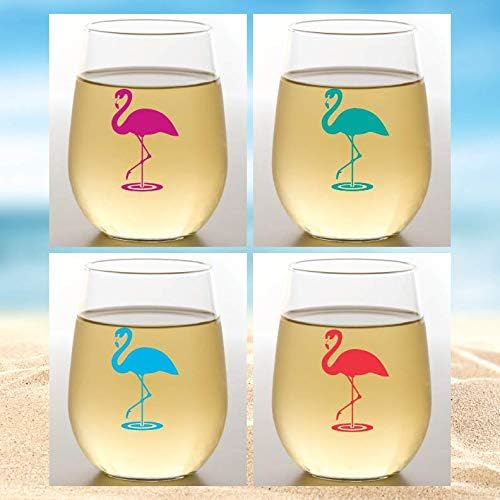 Wine-Oh! Set of 4 Shatterproof Designer 16 oz Plastic Wine Glasses MADE in the USA (FLAMINGOS), 4 Count (Pack of 1)