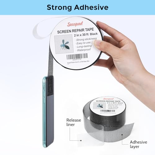 Secopad Black Window Screen Repair Tape, 2 in X 30 FT (360IN) Screen Repair Kit for Windows or Doors, Strong Adhesive Fiberglass Mesh Patch Tape (Pack of 2)