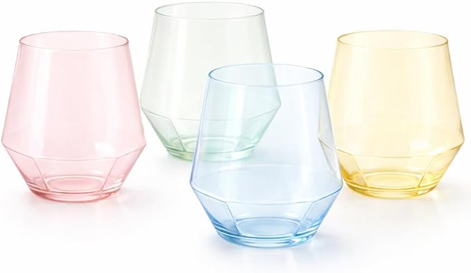 Oojami 40 Pack Diamond Plastic Wine Glasses 12oz Gold Rim Stemless Disposable - Shatterproof Champagne Cocktail Whiskey Cups for Parties, Weddings, Events, BPA-Free