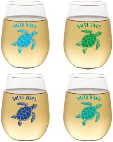 Set of 4 Shatterproof Designer 16 oz Plastic Wine Glasses MADE in the USA (SEA TURTLES)