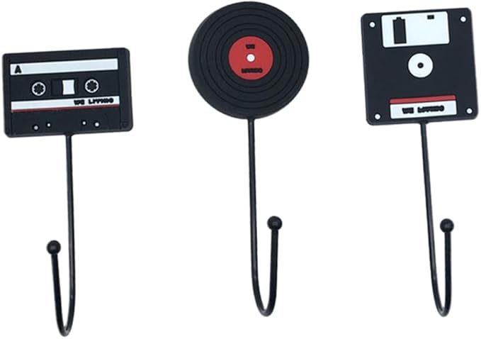OUNONA 3Pcs Retro Household Hooks Set Multi-Purpose Wall Hanging Hooks for Kitchen Bathroom Door Use Creative Tape Vinyl Record Computer Disk Shapes