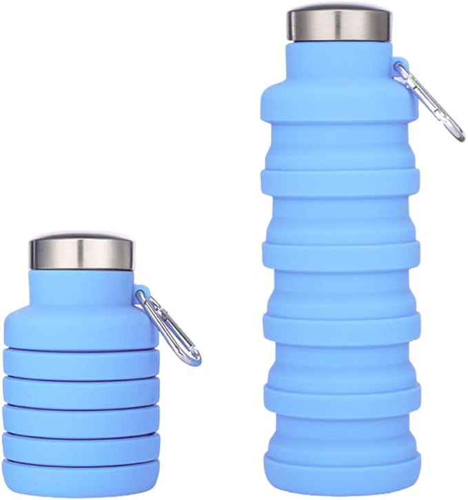 Vnek Portable Collapsible Water Bottle - Lightweight Silicone Bottle 500ml, BPA-Free, Leak-Proof and Foldable for Gym, Travel, Hiking, Camping, and Everyday Use (Blue)