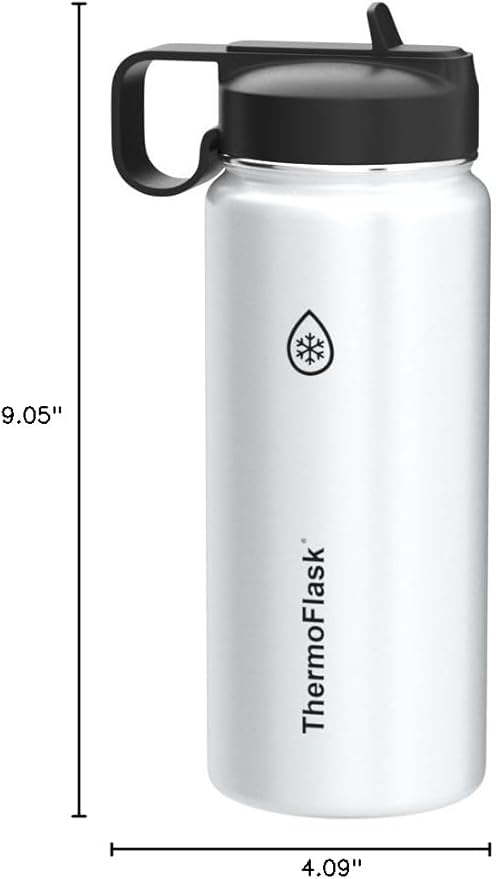 ThermoFlask 18 oz Double Wall Vacuum Insulated Stainless Steel Water Bottle - Reusable with Leakproof Chug & Straw Lids - Keeps Drinks Cold 24 hr/Hot 12 hr - Easy Maintenance - Gym/On-the-Go, White