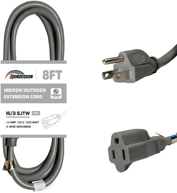 Indoor Outdoor Extension Cord Weatherproof, UL Certified, 16 Gauge 8FT Grey 3 Prong Heavy Duty, 16/3 SJTW 13A Power Cord for Outdoor Lights, Appliances, Lawn