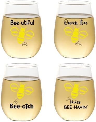Wine-Oh! Set of 4 Shatterproof Designer 16 oz Plastic Wine Glasses MADE in the USA (BEEHIVE)