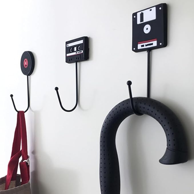 OUNONA 3Pcs Retro Household Hooks Set Multi-Purpose Wall Hanging Hooks for Kitchen Bathroom Door Use Creative Tape Vinyl Record Computer Disk Shapes