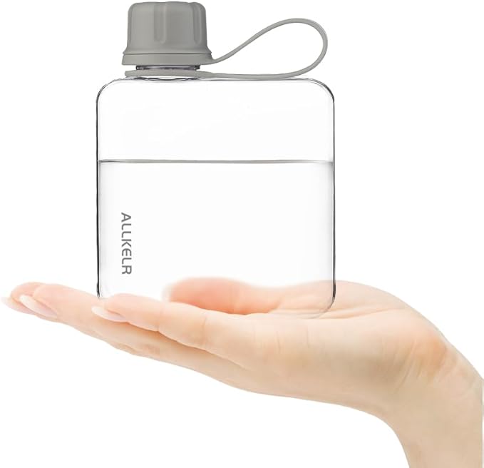 Portable Flat Water Bottle,BPA Free Reusable Tritan Plastic Travel Water Bottle Cup,Lightweight Leakproof Slim Water Bottle Fits Purse,Backpacking, Hiking (Gray, 10.8 oz)