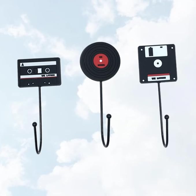 OUNONA 3Pcs Retro Household Hooks Set Multi-Purpose Wall Hanging Hooks for Kitchen Bathroom Door Use Creative Tape Vinyl Record Computer Disk Shapes