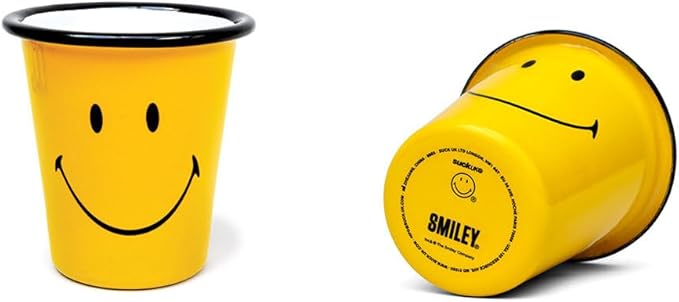 Suck UK Smiley Enamel Tumbler - Travel Tumbler - Camping Cup - Wine Cup - Camping Gifts - Outdoor Drinkware - Vintage Metal - Retro Coffee Enamelware - Stocking Stuffers - Happy Camper Gift - 10oz