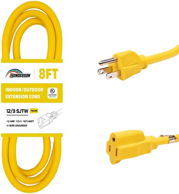 Indoor/Outdoor Extension Cord, 12 Gauge 8FT Yellow, 3 Prong Heavy Duty, Weatherproof, UL Certified, 15A Power Cord for Outdoor Lights, Appliances, Lawn