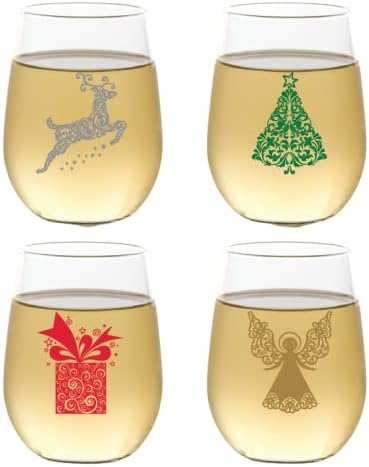 Set of 4 Shatterproof Designer 16 oz Plastic Wine Glasses MADE in the USA (CHRISTMAS)