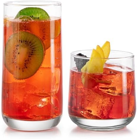 Libbey Ascent Tumbler and Rocks Drinking Glasses Set of 16, Glass Drinking Glasses with Curvature, Versatile Glassware Set for Parties and More