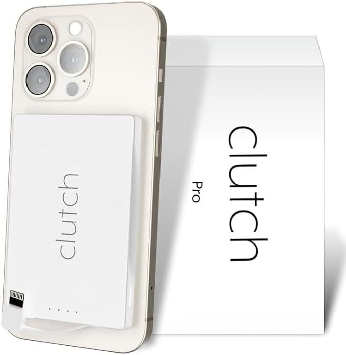 Clutch Pro – World's Thinnest iPhone Charger – Portable Power Bank 5000mAh – Magnetic Built-in Lightning Cable – TSA Approved Travel Charger – iPhone 14 & Earlier – White