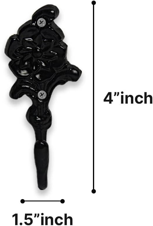 FAPBADRI Multipurpose Hooks, Used to Hang Clothes, Bags, Coats, Curtain Hold Backs, Keys, Colour - Matt Black, Material - Brass, Flower Design, Screws and Wallplugs Included, Pack of 4 Pieces