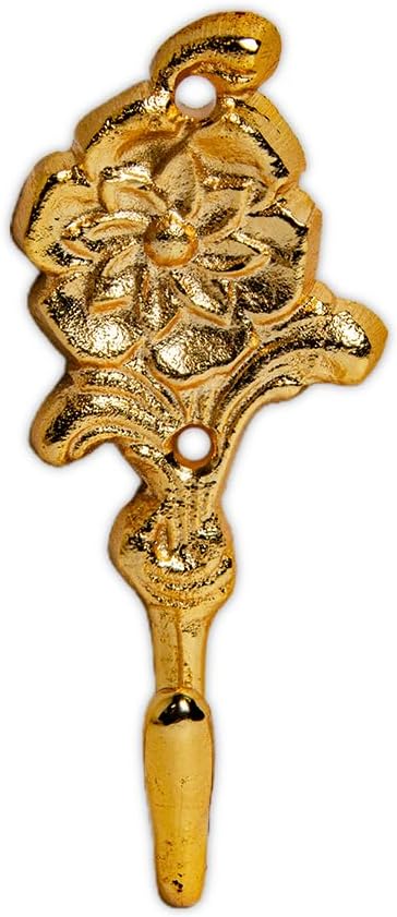 FAPBADRI Multipurpose Hooks, Used to Hang Clothes, Bags, Coats, Curtain Hold Backs, Keys, Colour - Full Gold, Material - Brass, Flower Design, Screws and Wallplugs Included, Pack of 2 Pieces