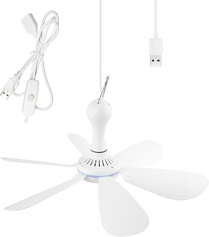 USB Powered Ceiling Fan Portable Canopy Fan with ON/OFF switch, 6 Blades Quiet Small DC USB Ceiling Fan Hanging Fan for Camping Cruise RV Tent Gazebo Bed Dormitory Home Room