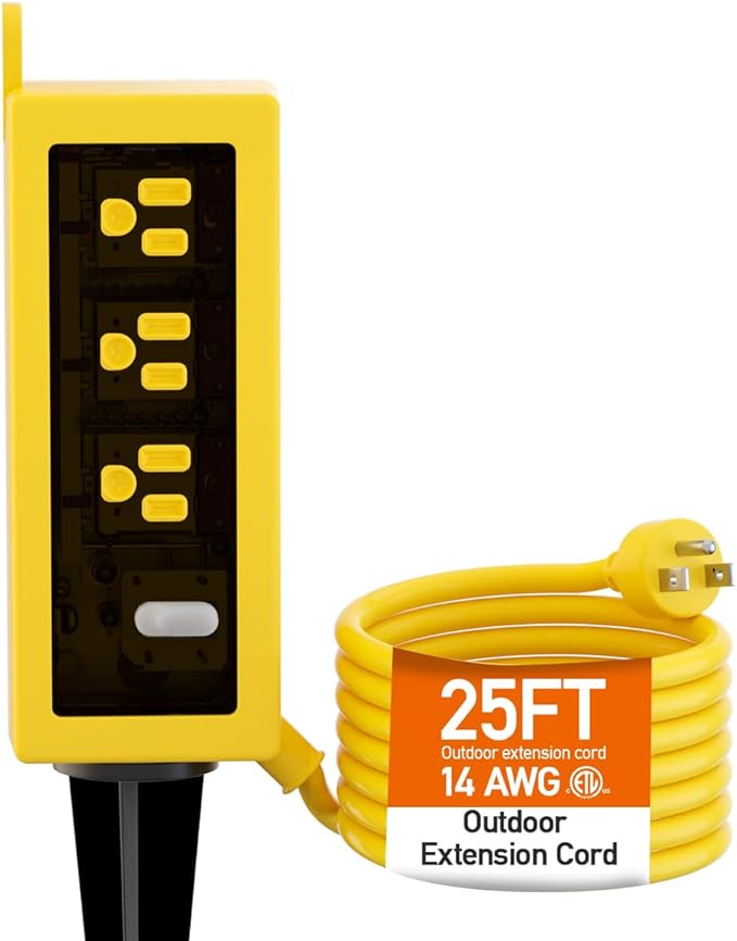 Outdoor Power Strip Weatherproof, ZZJ IP69 Grade Waterproof Surge Protector, 25 FT Outdoor Extension Cord with Stake, 6 AC Outlets,14 AWG Heavy Duty Cord for Outdoor Patio Garden-Yellow
