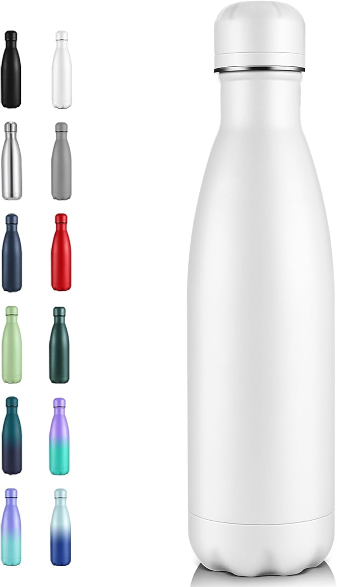 Volhoply 17oz Insulated Stainless Steel Water Bottle, Double Wall Vacuum Flask, Keeps Cold 24h & Hot 12h, Available in Packs of 1, 4, or 8（White,1 Pack)