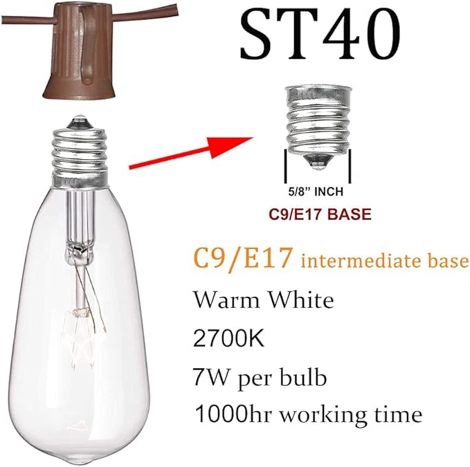 10Ft ST40 Outdoor String Lights with 11 Incandescent Bulbs, E17 Scoket Base, Waterproof Patio String Lights, Hanging Vintage Edison Lights Outdoor for Backyard Garden Porch Party Wedding Decor, Brown