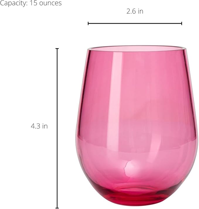 European Style Plastic Crystal Unbreakable Stemless Wine Glasses | Set of 6 | Acrylic Glasses Tritan Drinkware Bright Color Shatterproof BPA-free, Reusable, Outdoor, Pool, Indoor, Hand Wash 15oz Gift