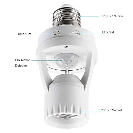 Motion Sensor Light Socket, PIR Motion E26 Screw Bulb Adapter, Adjustable Auto On/Off Night Light Control, Garage Light, for Basement, Pantry Room, Storage Room, Garage Light