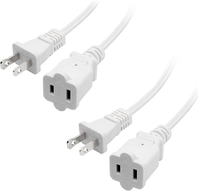 2Pack 2 Prong Extension Cord 5ft,Indoor Small and Slim Power Cable Male/Female,Lightweight Design for Decor Use, Christmas Lights & Home Appliances,White