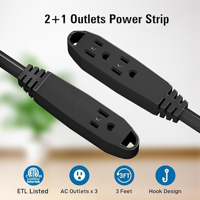 K KASONIC - 100-Feet 3 Outlet Extension Cord, UL Listed, 16/3 SJTW 3-Wire Grounded, 10 Amp 125 V 1625 Watts, Multi-Outlet Indoor/Outdoor Use, Black