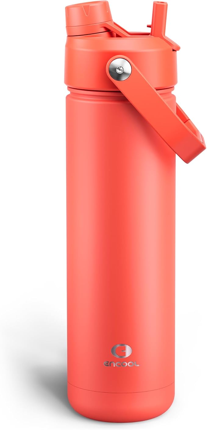 ENCOOL Insulated Water Bottle with Straw Stainless Steel Water Bottle, Leak-Proof, BPA-Free, Double Wall Vacuum Keeps Cold for 24 Hours for Sports, Travel, School (26 oz, Tawny Orange)