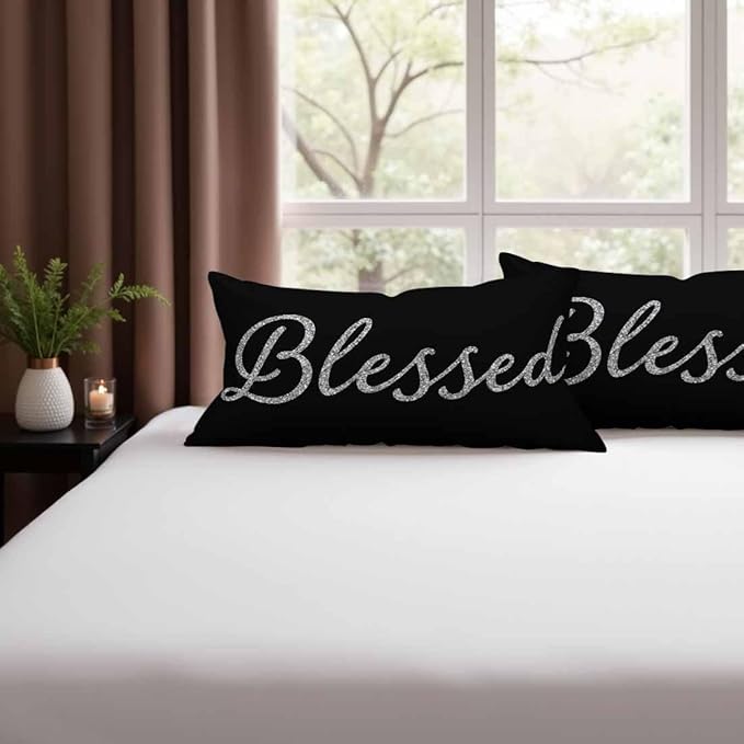 Bling Blessed White Throw Pillow Covers 12 X 20 Highlights Blessed Black Set of 2 Pillow Cases Velvet Outdoor Pillowcases Decorative for Home Bed Sofa Couch Hotel