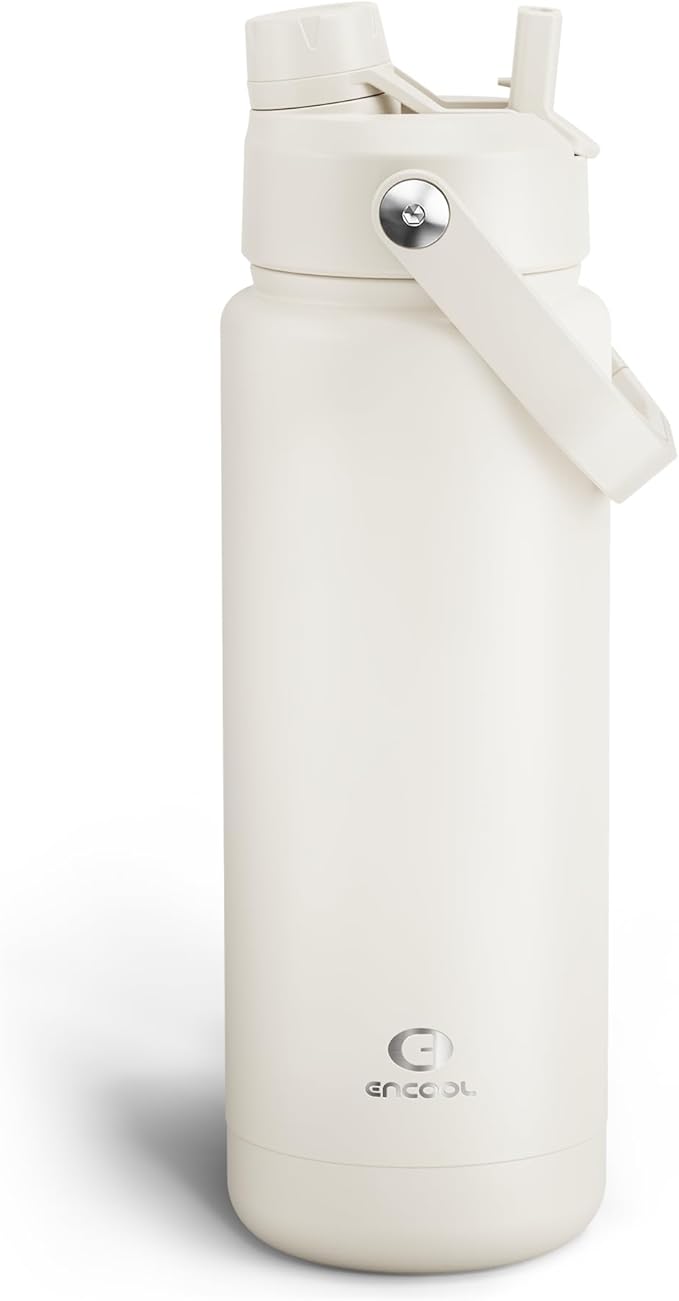 ENCOOL Insulated Water Bottle with Straw Stainless Steel Water Bottle, Leak-Proof, BPA-Free, Double Wall Vacuum Keeps Cold for 24 Hours for Sports, Travel, School (32 oz, Cream Moon)