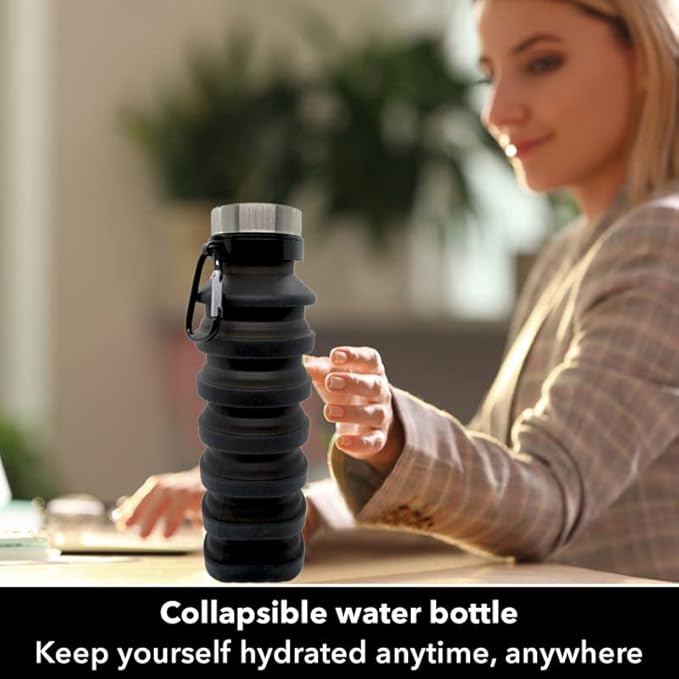 Gadgetime USA Collapsible Water Bottle (Black) - Reusable, BPA Free, Silicone, Foldable Portable & Leak Proof - Water Bottles for Travel Gym Camping Hiking - Sports Water Bottle with Carabiner
