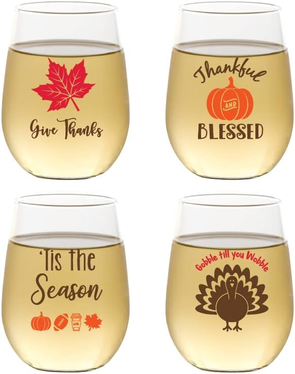 Set of 4 Shatterproof Designer 16 oz Plastic Wine Glasses MADE in the USA (THANKSGIVING)