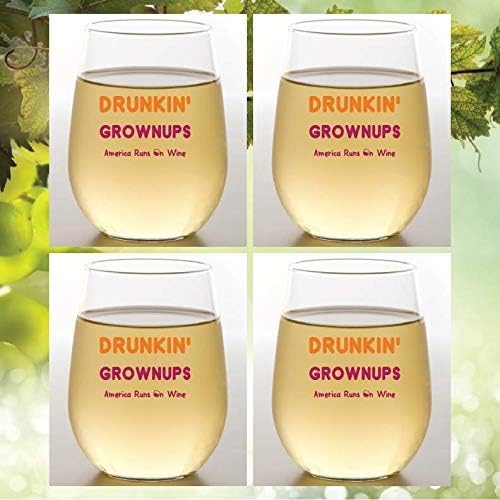 Set of 4 Shatterproof Designer 16 oz Plastic Wine Glasses MADE in the USA (DRUNKIN' GROWNUPS)