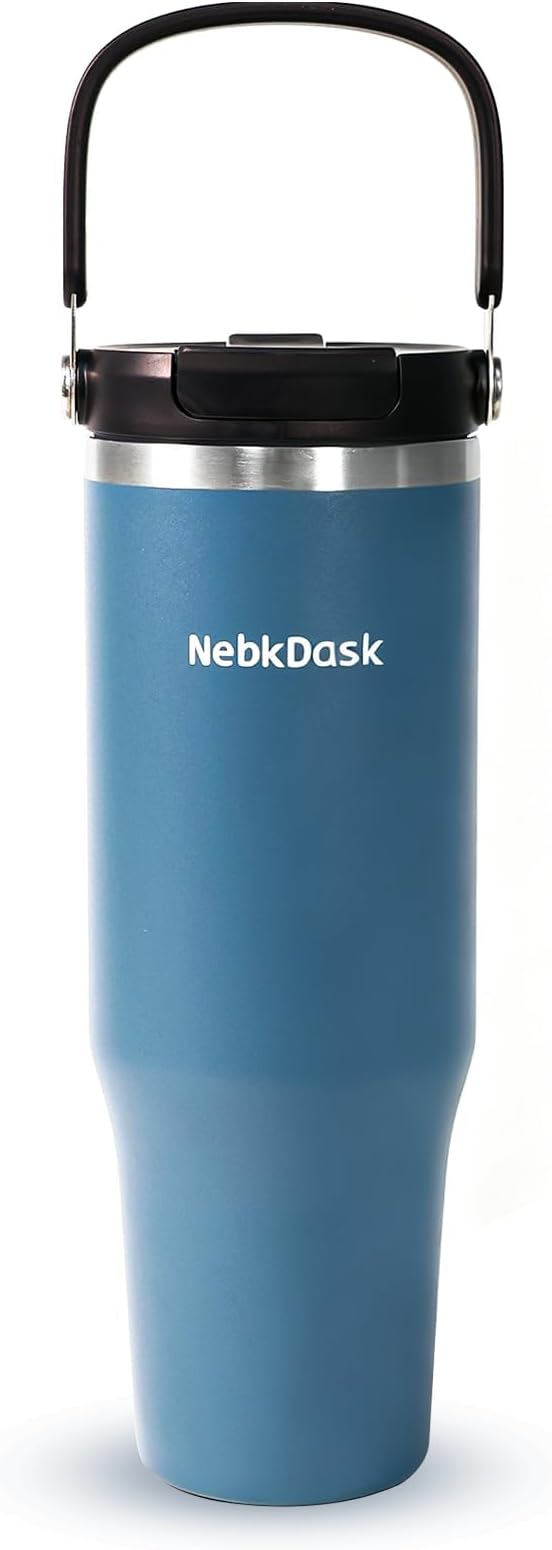 40 oz Insulated Stainless Steel Bottle with 2-in-1 Straw and Spout Lid, Water Bottle with Carry Handle Keep Cold 24H, Leak-Proof, Fits in Car Cup Holder, Travel, and School（Blue）