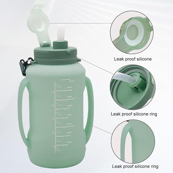 64oz Foldable Silicone Water Bottle with Straw, BPA-Free Motivational Time Marker, Leakproof Collapsible Water Jug with Handle for Gym, Sports, Camping & Outdoor Activities (Green)