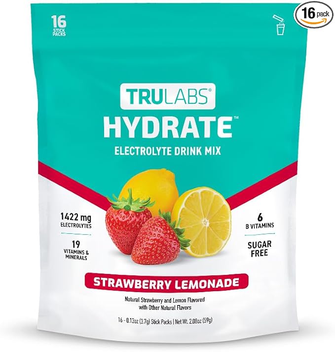 TRULABS Hydrate Electrolyte Drink Mix – Strawberry Lemon Flavor, Sugar-Free Hydration Packets with 1422 mg Electrolytes & 19 Vitamins & Minerals, Monk Fruit Sweetened, On-the-Go Sticks (16 Count)