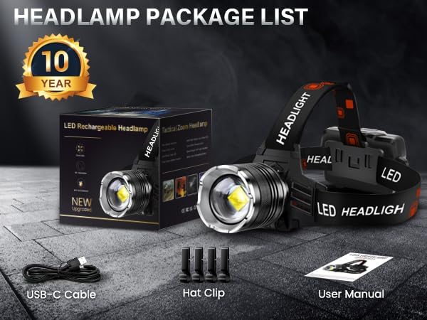 AKNEAR LED Rechargeable Headlamp 99000 High Lumens, 95 Hours Endurance Head Lamp with Zoomable & 12 Modes & IPX7 Waterproof & 125° Adjustable, Super Bright Head Light for Outdoor, Camping, Hard Hat