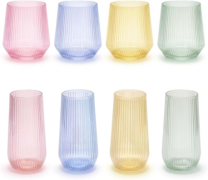 Oojami 48 Pack Ribbed Origami Ripple Plastic Glasses, 24 Stemless 9oz Champagne Flutes & 24 12oz Wine Cups – BPA-Free Disposable Shatterproof Drinkware for Weddings, Parties, Bars & Events (Clear)