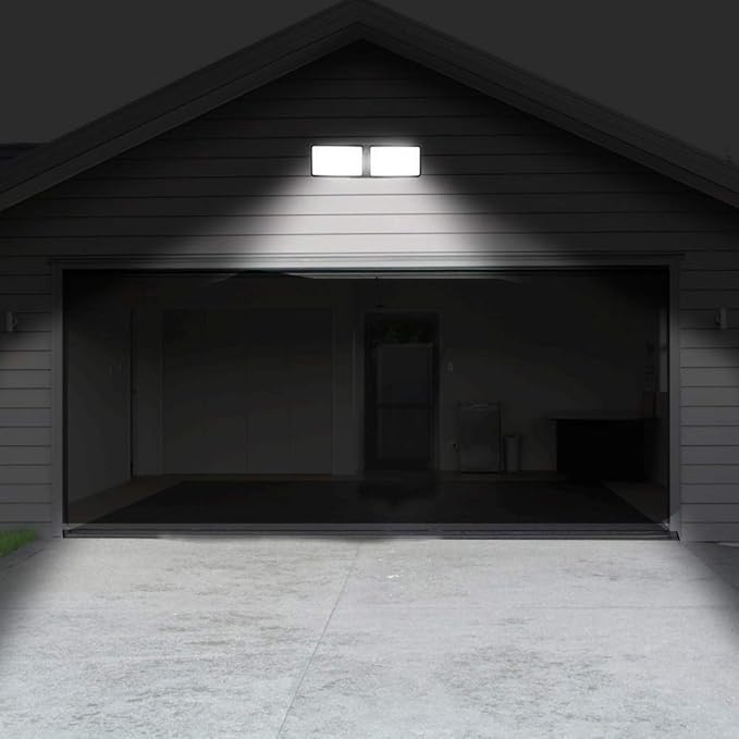 FAGUANGAO Dusk to Dawn LED Security Light,18W Plug in Flood Light Outdoor,5000k Daylight,1600lm, IP55 Waterproof,Adjustable 2 Heads Wall Light for Garage, Porch, Yard,2Pack Black
