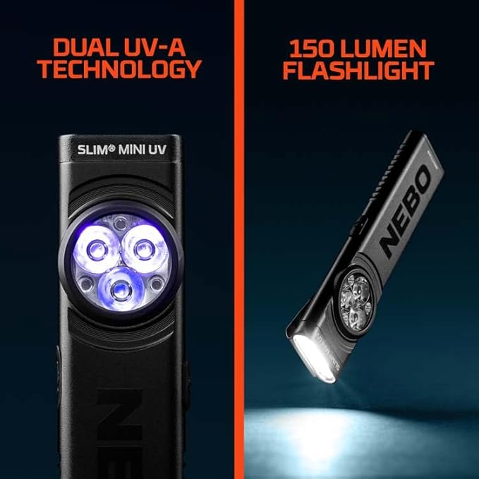 NEBO Slim Mini UV Flashlight | 150 Lumens, 4 Light Modes, Rechargeable & Portable Ultraviolet Light, Magnetic Base & Durable Clip, Waterproof, Detector Pocket Flashlight, Includes Charging Cable