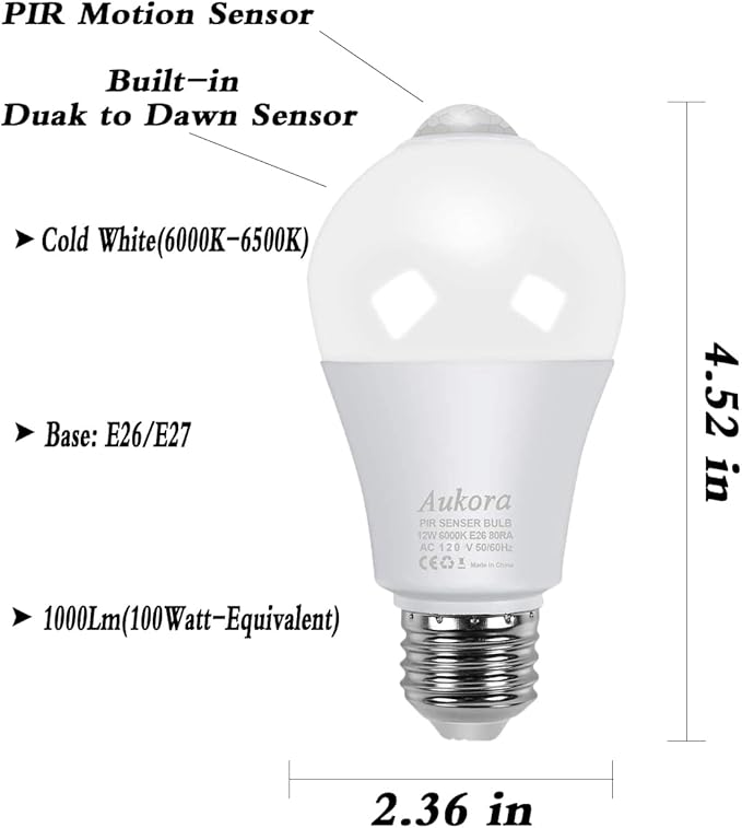 Motion Sensor Light Bulbs, Aukora 12W (100-Watt Equivalent) E26 Motion Activated Dusk to Dawn Security Light Bulb Outdoor/Indoor for Front Door Porch Garage Basement Hallway Closet(Cold White 1 Pack)
