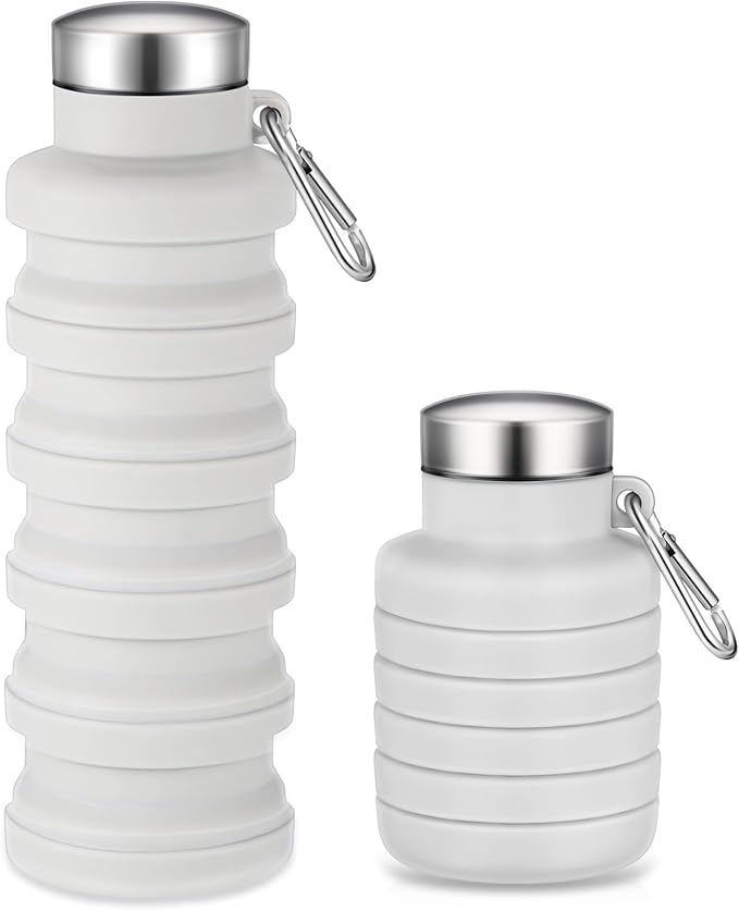 Baderke Collapsible Water Bottles 17oz Travel Sports Portable Water Bottle with Portable Buckle Silicone Lightweight Reusable Leakproof for Camping Hiking Yoga Outdoor(Gray White)