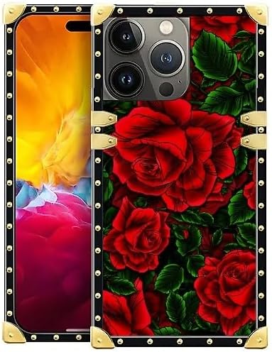 Compatible with iPhone 15 Pro Max Case, Vector Red Rose Green Leaf Luxury Golden Decoration for Girl Women Soft TPU Shockproof Protective Hard PC Back for iPhone 15 Pro Max