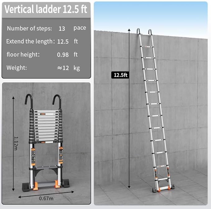 Telescoping Ladder,with Stable Hook and stabilizer barand,12.5 FT Extension Ladder, Heavy Duty 330lbs Max Capacity, Multi-Purpose Collapsible Ladder for RV or Outdoor Work (3.8M/12.5FT)