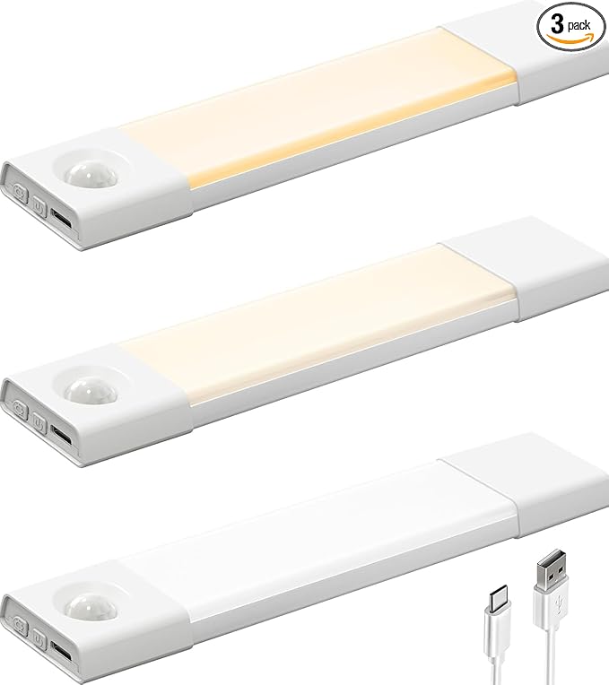 EZVALO 3 Pack 8” Motion Sensor Light Indoor, Wireless Under Cabinet Lighting, 30 LED Rechargeable Closet Lights, Dimmable, 3 Color Temperatures, Counter Lights for Wardrobe, Pantry, Bedroom, Kitchen