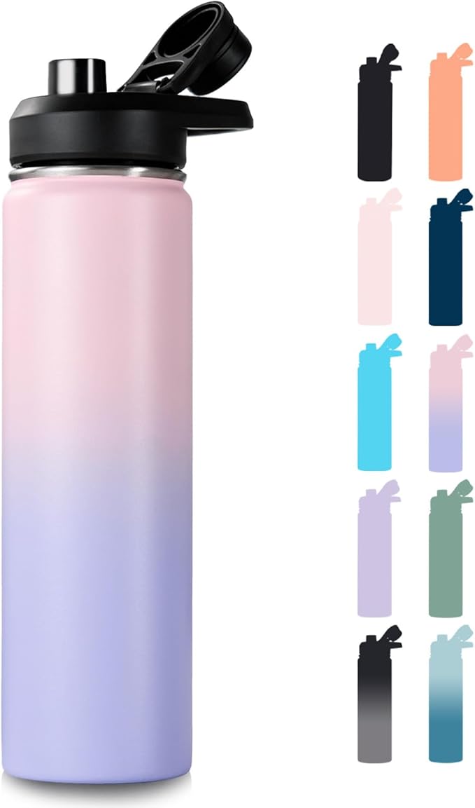 Fijinhom 24 oz Insulated Water Bottle with Handle, 304 Stainless Steel Water Bottles with Wide Mouth, Double Wall Vacuum Sports Water Bottle, BPA Free, Keep Cold and Hot, Pink/Purple