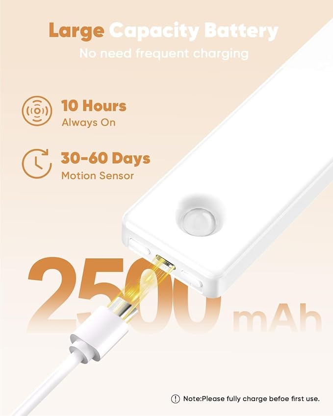 13inch Under Cabinet Lighting, 3 Color Temperatures Motion Sensor Light Indoor, USB Rechargeable Battery Operated Closet Lights, Dimmable LED Cabinet Lights, Under Counter Light for Kitchen (2 Pack)