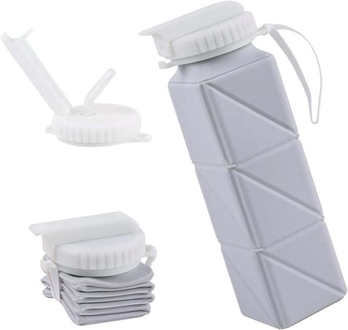 EOBTAIN Collapsible Watter Bottles for Traveling Grey Silicone Foldable Water Bottle with Straw,Portable Lightweight and BPA Free Reusable Water Bottle Cup for Camping Hiking,Leakproof