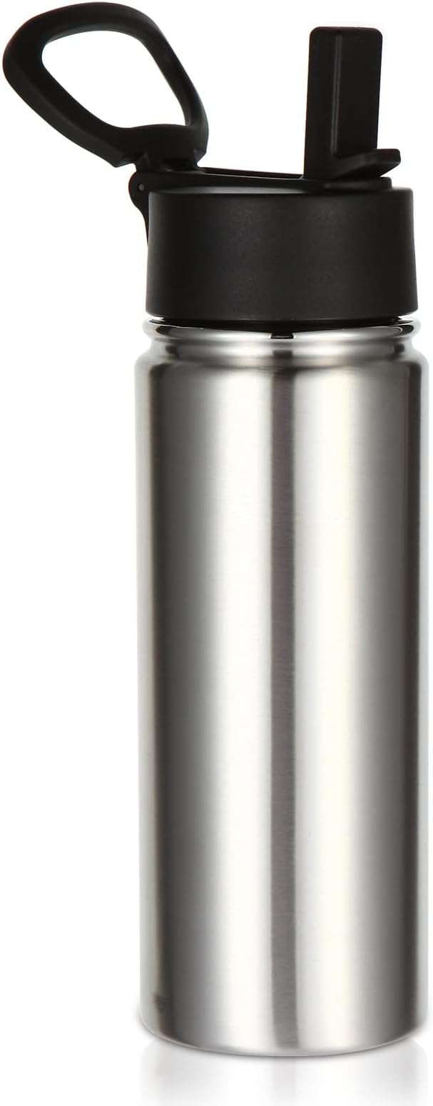 Volhoply 18oz Kids Insulated Water Bottle,Stainless Steel Water Bottles with Straw,Double Wall Vacuum Metal Water Bottle,Wide Mouth Reusable Sports Travel Flask For Cold Drink(Silver,1 Set)
